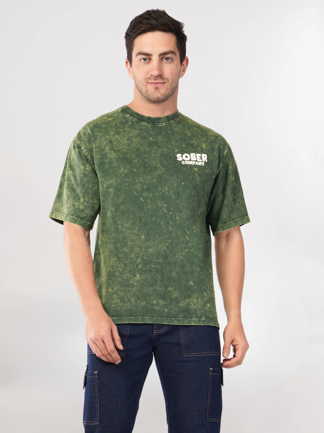 BOTTLE GREEN ACID WASH OVERSIZED T-SHIRT